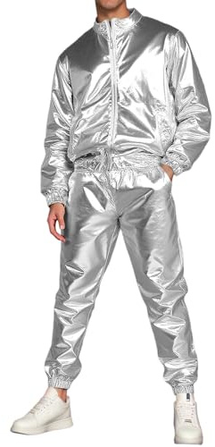 Traje Dos Piezas para Hombre Chaqueta Bomber Metálica Pantalones Juego Fiesta Los A?os Carnaval Jogging Chándal Solo Color