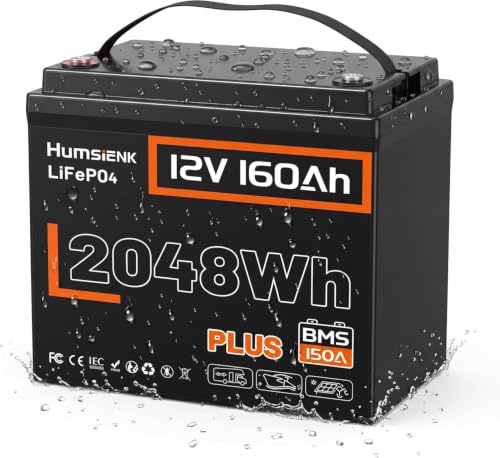 HumsiENK Batteria LiFePO4 12V 160Ah 2048Wh, 150A BMS, Potenza Continua 1920W, 6000+ Cicli, Leggera 18,7 kg, Impermeabile IP65, per Camper, Solare, Accumulo Energetico, Barca