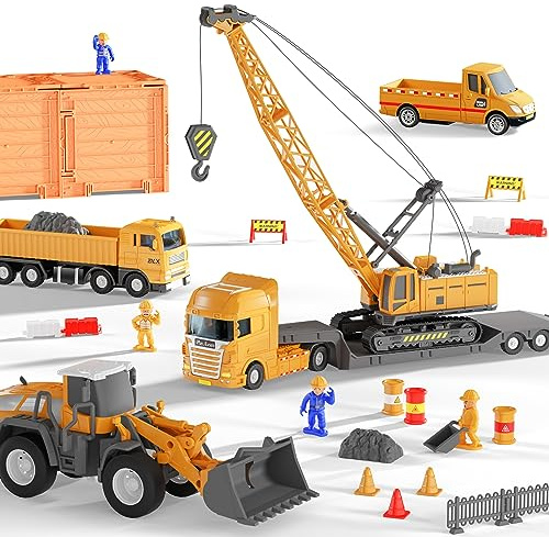iPlay, iLearn Kids Construction Toys Truck Set, Boys Engineering Vehicle Playset, Crane Transport Trailer, Bulldozer Forklift for Sandbox Site, Birthday Gift for Age 3 4 5 6 Years Old Toddler Children