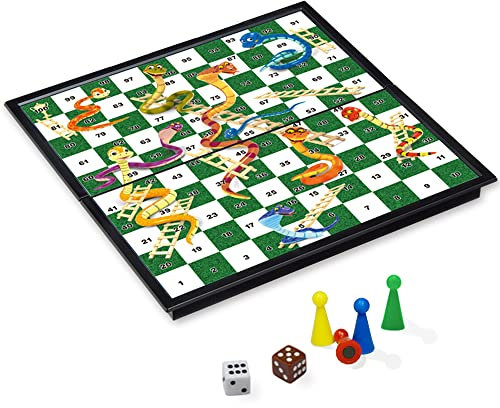 KOKOSUN Snakes and Ladders Magnetic Folding Board Game Set, Family Fun Game Toys for Kids (Right Angled)