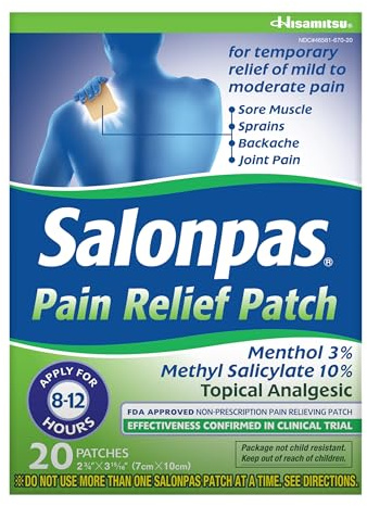 Salonpas Pain Relief Patch, 20 Count (Pack of 1), Up to 12 Hours Temporary Relief of Mild to Moderate Pain, Backache, Sore Muscle, Sprains, Bruises