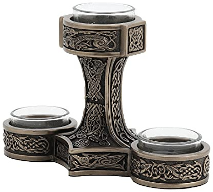 Veronese Design Teelichthalter, Mjolnir-Hammer von Thor, dreifacher Kopf, Wikinger, nordisches Dekor, kaltgegossen, bronzefarbene Harzskulptur
