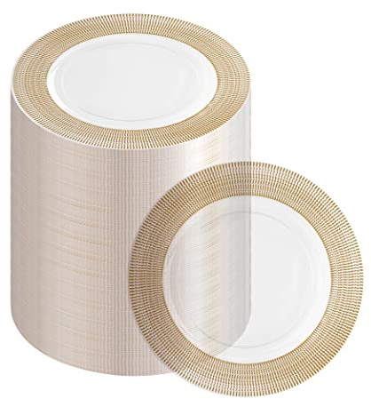 PARTY BARGAINS 13-Inch Charger Plates - 96 Pack, Clear Gold Textured Rim, Heavy-Duty Disposable Chargers for Elegant Dining - Ideal for Weddings and Formal Events