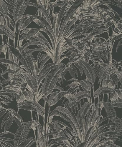 GrandecoLife Vinyltapeter av premiumkvalitet för sovrum, kök, matsal med Yucca bladdesign; tvättbar, avtagbar, miljövänlig väggbeklädnad tillverkad i Belgien 53 cm x 10 m (svart/guld)