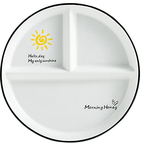 OnePine Plato Redondo de Porcelana para Control de Raciones, Dividido para Dieta de Adultos, Adelgazamiento y Alimentación Saludable, Diámetro: 23cm/9 inch