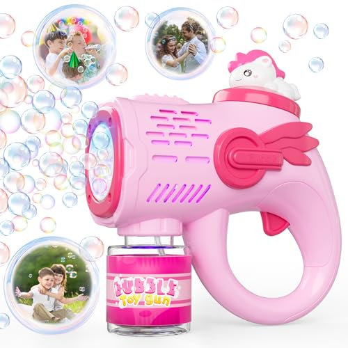 Weilim Seifenblasenpistole für Kinder, Einhorn LED Blasenmaschine mit 200 ml Seifenblasenlösung, Automatische Seifenblasen Spielzeugpistole für Kinder ab 3 Jahren, 4000+ Blasen/Min, Auslaufsicheres