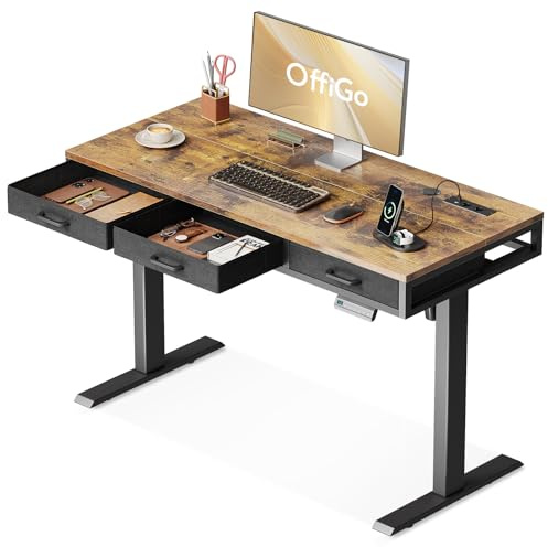 OffiGo Mesa elevable electrica, Escritorio elevable eléctrico con cajones, 120 Escritorio de Altura Ajustable, Elevador para su Oficina en casa, Ocio y Juegos, Marron
