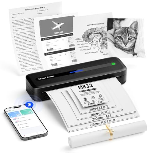 Itari M832 Mobiler Drucker, 304dpi Thermodrucker A4，Bluetooth drucker klein，Monochromer Mobiler Drucker a4 für Unterwegs Kompakt Reisedrucker für Android/iOS/Win/Mac Laptop
