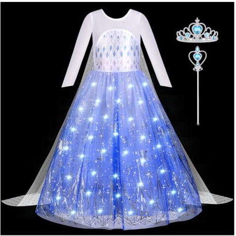 Aomig LED Light up Robe Princesse Fille, Déguisement de Cape Lumineux, Costume Princesse avec Accessoires de Baguette Magique Couronne Fête d'Anniversaire Halloween Noël Cosplay(100)