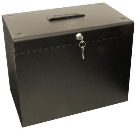 mysmartbuy.com Metal Lockable File Box with 5 Suspension Files & Fold Down Handle - Strong Durable A4 Filing Cabinet, Store & Organise Paperwork & Important Documents - Black, H30 x W37 x D22cm