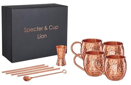 Specter & Cup Lion - Premium Moscow Mule Kupferbecher-Set 500ml, 4er-Set + Zubehör, Verpackt in Edlen Schwarzen Premiumbox, 100% Handgefertigte Becher
