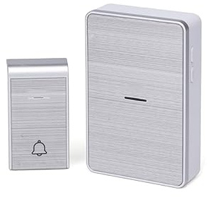 Timbre inalámbrico, con control de música, en color plateado, ideal para hogares y oficinas, fácil instalación y uso práctico.