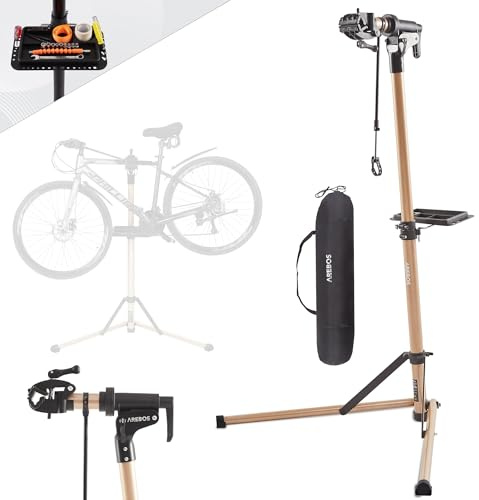 AREBOS Support de Montage Vélo en Aluminium | Réparation Professionnelle pour VTT, Vélo Électrique et Vélo | Rotation 360° | Avec Sac et Serrage Rapide | Champagne