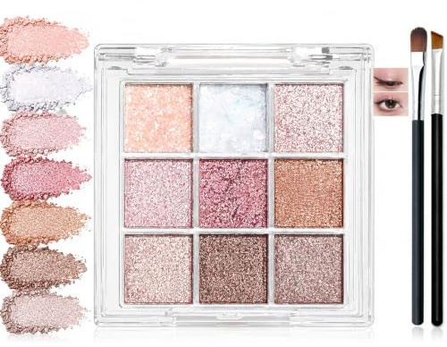 9 Colour Shimmer Eyeshadow Palette, Pink, Rose And Bronze, 2 Brushes | Buildable Powder Formula, Clear Lid For Colour Viewing, Rounded, Angled Applicators, Daytime, Evening And Celebration Looks