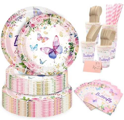 201PCS Butterfly Party Tableware Set for 25 Guests – Girls Birthday Floral Plates, Cups, Napkins with Wooden Cutlery & Name Card – Eco-Friendly Compostable Party Supplies for Baby Shower, Tea Part
