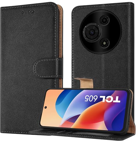 PIXFAB Case for TCL 605/60 SE, Leather Wallet Phone Case, Magnetic Book Flip Folio Cover [RFID Protection & Card Slots] and [Kickstand] Case Cover for TCL 605/60 SE- Black