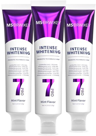 7-Pro Pasta de Dientes Blanqueadora con 7 Probióticos y Microesferas Explosivas – Fórmula de Gel Morado para Blanquear, Refrescar y Fortalecer el Esmalte Dental- 3 x 120g