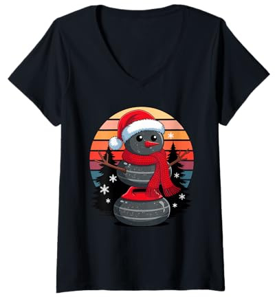 Femme Noël Bonhomme De Neige Curling Pierre X-Mas Curleur T-Shirt avec Col en V