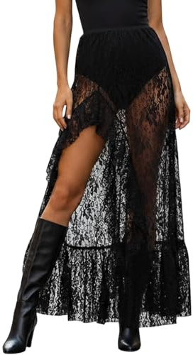 Foweknow Jupe sexy en dentelle pour femme - Taille haute - Broderie florale - Jupe longue - Ligne A - Jupe de plage asymétrique transparente - Jupe de fête en maille stretch avec fente, Noir , XL