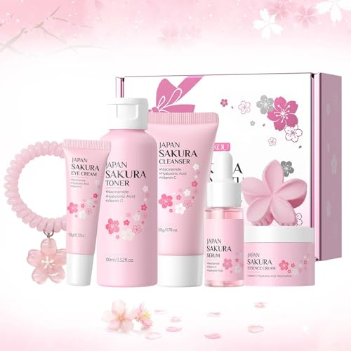 Kit per la Cura della Pelle Sakura 7 Pezzi,Set Skincare Viso Completo per Ragazze e Donne