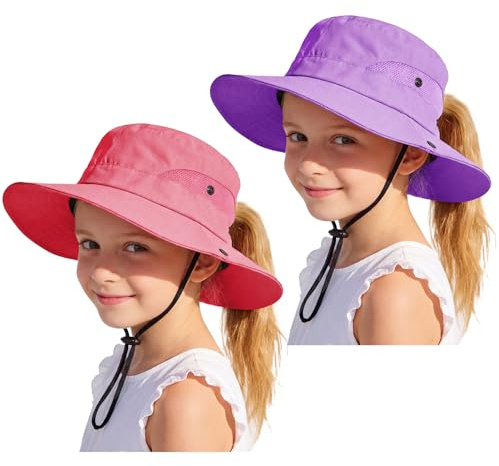 Zando 2 Pcs Ponytail Hole Kids Sun Hat UPF 50+ Girls Beach Bucket Hat Sun Protection Wide Brim Foldable Youth Summer Cap Adjustable Child Breathable Waterproof Fishing Safari Swim Purple Red 4-8 T