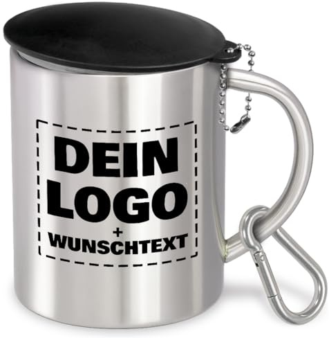 Personalisierter Edelstahl-Trinkbecher zum selbst gestalten | extra groß | 400 ml | Becher | Camping, Vereine, Fasching, Fasnetsbecher, Karneval, Vereinsbecher | Silber mit Deckel und Karabiner