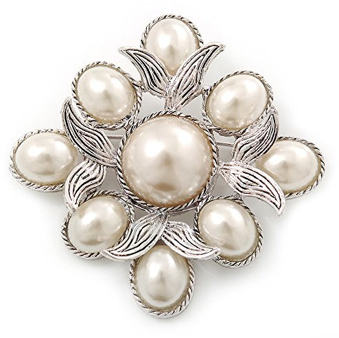Avalaya Broche carrée en plaqué argent avec fausses perles blanches d'inspiration vintage – 45 mm de diamètre, taille unique, Verre, perle, pierre précieuse, argent, métal, Perle