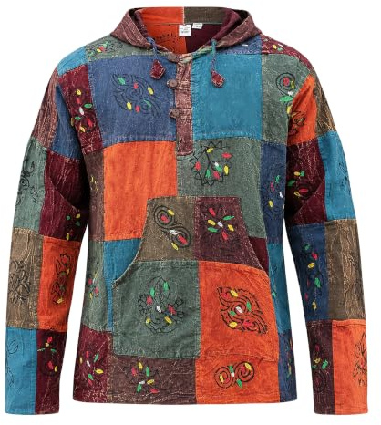 SHOPOHOLIC FASHION Hooded Stonewash lappverk blockerad farfar hippie skjorta, Flerfärgad, 4XL