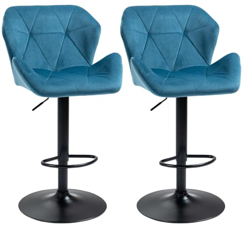 HOMCOM Bar Stools Luxurious Velvet-Touch Footrest Swivel Set Of 2 Blue | Metal Frame, Round Base, Triangle Indenting Moulded Seat, Adjustable Height