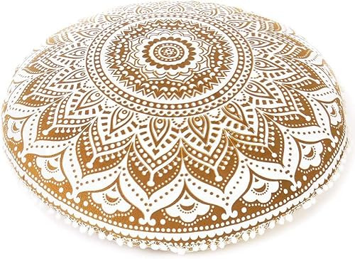 32 Mandala Large Floor Pillow Cover Meditation Cushion Seating Throw Hippie Round Colourful Decorative Bohemian Accent Boho Chic dog bed Indian Pouf Ottoman Handmade COVER ONLY (Ombre-Gold)