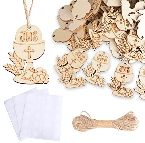 FLOFIA 50pcs Calice de Communion en Bois pendentifs Embellissements Bonbonnières en Bois Adhésif Double Face Décoration pour Première Communion Baptême Confirmation Naissance Mariage Noël Pâques