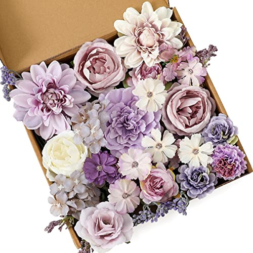 Kisflower Juego de Flores Artificiales moradas para decoración de Tartas, peonías Falsas, Rosas de Seda, Caja de Regalo para Bricolaje, Boda, Ramo de Novia, centros de Mesa, arreglos, Fiestas, Baby