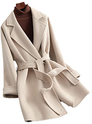 Chaqueta de invierno con cinturón de lana de cachemira para mujer, abrigo de lana natural para mujer, beige, S