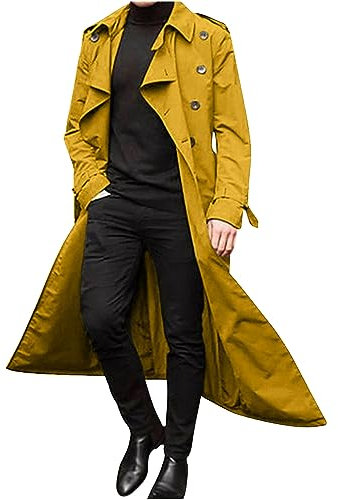 yiouyisheng Trenchcoat Herren Lang Einfach Einfarbig Mantel Männer Button Cardigan Zweireihig Revers Übergangsmantel mit Gürtel, Blau Mintgrün Dunkelgrau Grau Gelb