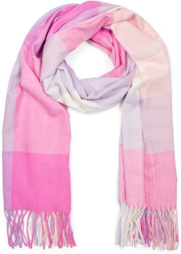 styleBREAKER Sciarpa unisex in morbido plaid con frange lunghe, plaid, invernale, stola 01017110, colore:Rosa-Lilla-Bianco