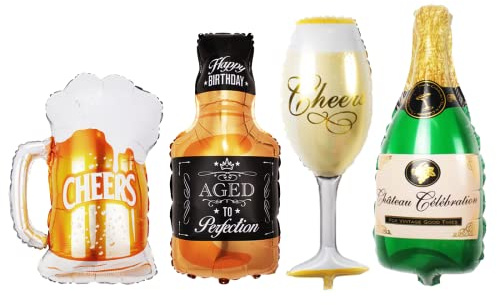 4 Pieces Champagne Balloons, Whisky Beer Aluminum Balloon, XXL-Balloon Birthday Shaped Bottle Shaped Wine Glasses, Giant Foil Balloon Party for Weddings Birthday Party Decorations