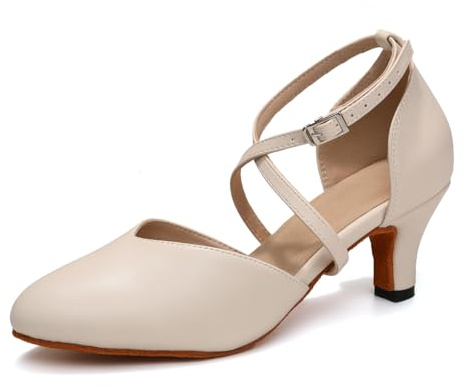 YCALCP Chaussures de Danse Latine Femme Bout Fermé Chaussures de Danse Latine Tango de Salon,DSL666-Beige-S,Talon de 6 cm,EU 36.5