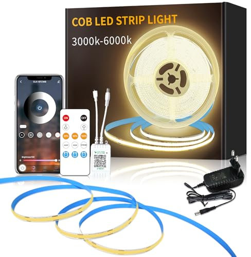 Yeewhale cob Led strip 5m,APP Steuerung,mit Fernbedienung,flexible Dimmbar COB LED band, DC24V 3000k Warmweiß LED Streifen, anwendbar auf Schlafzimmer, Raum,DIY Dekoration