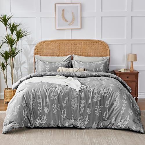 Kozyhvn Floral Comforter Set Full Grey, Cute Flower Bed in a Bag Full Boho 7 Pieces, Soft Fluffy Bedding Sets with Comforter, Sheets, Pillowcases & Shams, All Season