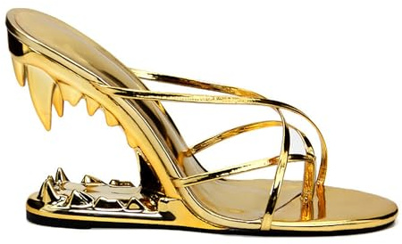 Rozhuhro Infradito da Donna Sandali con Zeppa Moda Open Toe Stringati Sandali con Tacco Alto Casual Comodo Vestito da Festa Grosso Tacco Alto Décolleté Pantofole,d'oro,39 EU