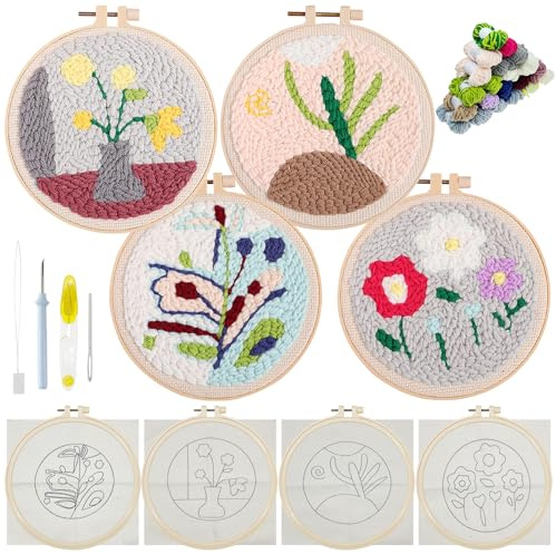 Allazone 4 Punch Needle Starter Kit, Kit di Ricamo per Aghi da Punzonatura con Motivo e Lstruzioni, Set da Ricamo per Principianti e Adulti, Piante e Fiori