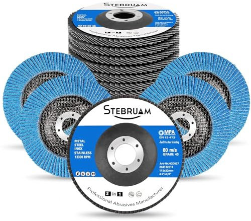 STEBRUAM 12 piezas 115 mm discos abrasivos de abanico discos abrasivos de láminas discos abrasivos discos de limpieza por lijado grano 40 para amoladora angular con batería GWS BTI acero inoxidable