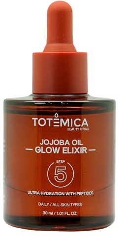 TOTEMICA Organic Jojoba Oil Glow Elixir – Hydrating & Anti-Aging face oil with Peptides | Vegan & Non-Comedogenic facial oil & moisturizing body oil for skin oil & hair oil (1.01 Fl Oz)