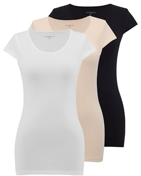 WESTMARK LONDON T-Shirt pour Femmes, Respirant en Coton Maillot, Pack de 3, débardeur à Manches Courtes, t-Shirt de Base Femme, Corps Noir, Blanc, Beige Taille L