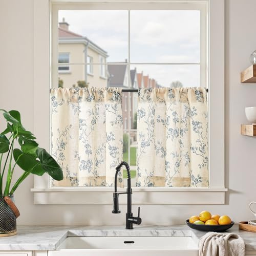 TOPICK Leinen Scheibengardinen 65B x 60H (cm) Blumen Küchenvorhänge Kurz Bedrucktem landhausstil Bistrogardine Halbtransparent Gardinen Fenster Vorhänge für Frühling küche 2er Set,Blau auf Weiß