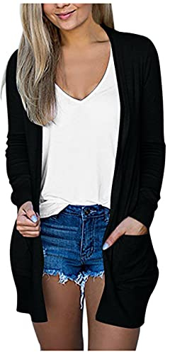 Cardigan long pour femme - Grandes tailles - Noir - Élégant - Cardigan fin avec poches - Cardigan fin - Pull à manches longues - Couleur unie - Confortable - Manteau en tricot long, Noir , XXXL