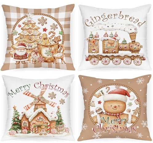 Lanpn Christmas Throw Pillow Covers 16x16 Set of 4, Gingerbread Man House Pillow Covers Christmas Pillowcase Decorative Cushion Cover for Home Bedroom Couch Sofa Decor 40x40cm (Brown)