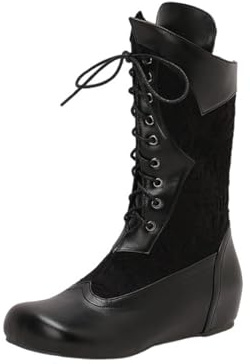 Retro Mid Calf Boots for Women Gothic Victorian Low Heel Lace Up Side Zipper Ankle Booties Retro Medieval Riding Leather Round Toe Flat Booties Comfortable Casual Walking Work Boots