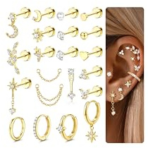 CASSIECA 21Pcs Boucles d'Oreilles Femme Piercing Oreille Acier Inoxydable Boucles d'Oreilles Créoles à Clous Plaqué Or 14K Lot Piercing Helix Conch Tragus Daith Cartilage Cadeau de Bijoux Femme