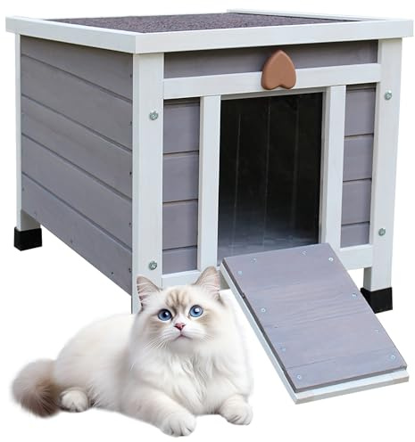 Rockever Outdoor Cat House,Outdoor cat Houses for Feral Cats Weatherproof Rabbit Hutch Small, Wooden Small Pet House and Habitats-Grey